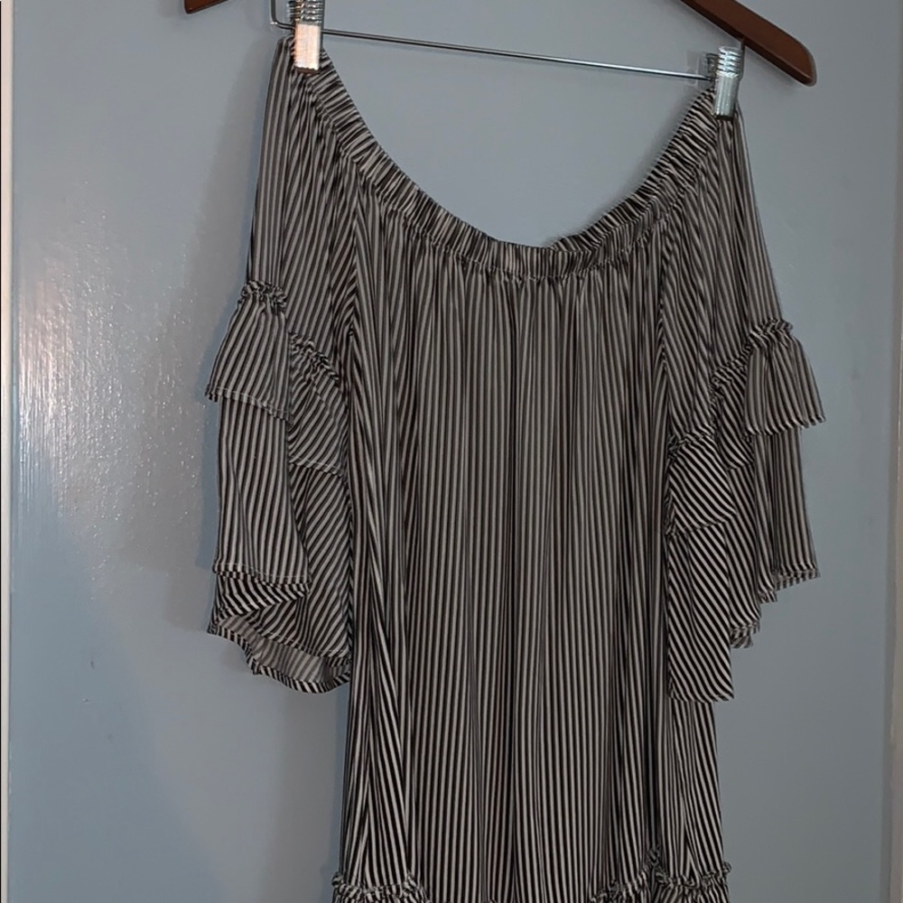 striped off the shoulder mini dress
